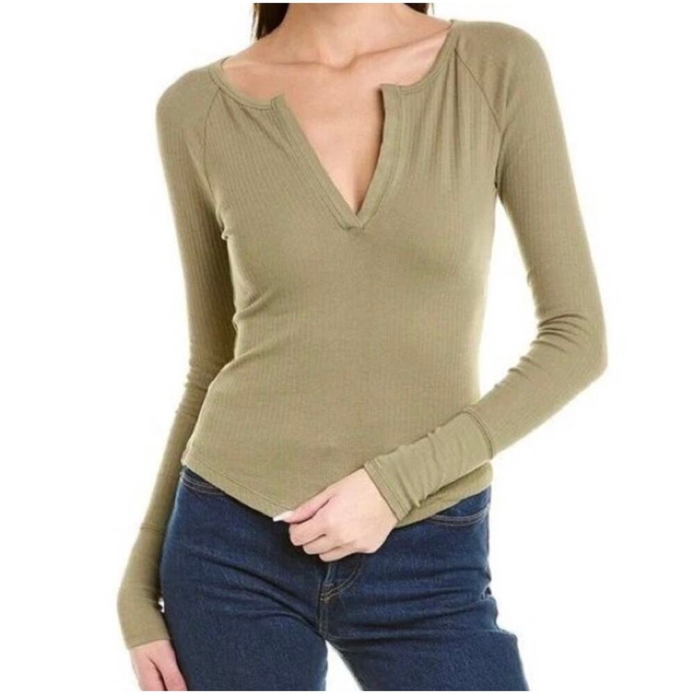 Free People Billie Split Neck Henley Crop Fitted Layering Long Sleeve Top Small